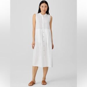 EILEEN FISHER Large White Organic 100% Linen Sleeveless Button Front Midi Dress